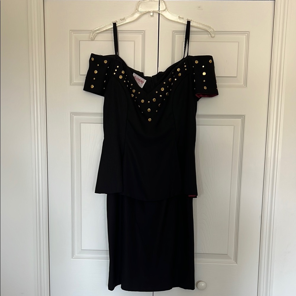 Vintage 1990s Black Off-Shoulder Dress with Gold Studs